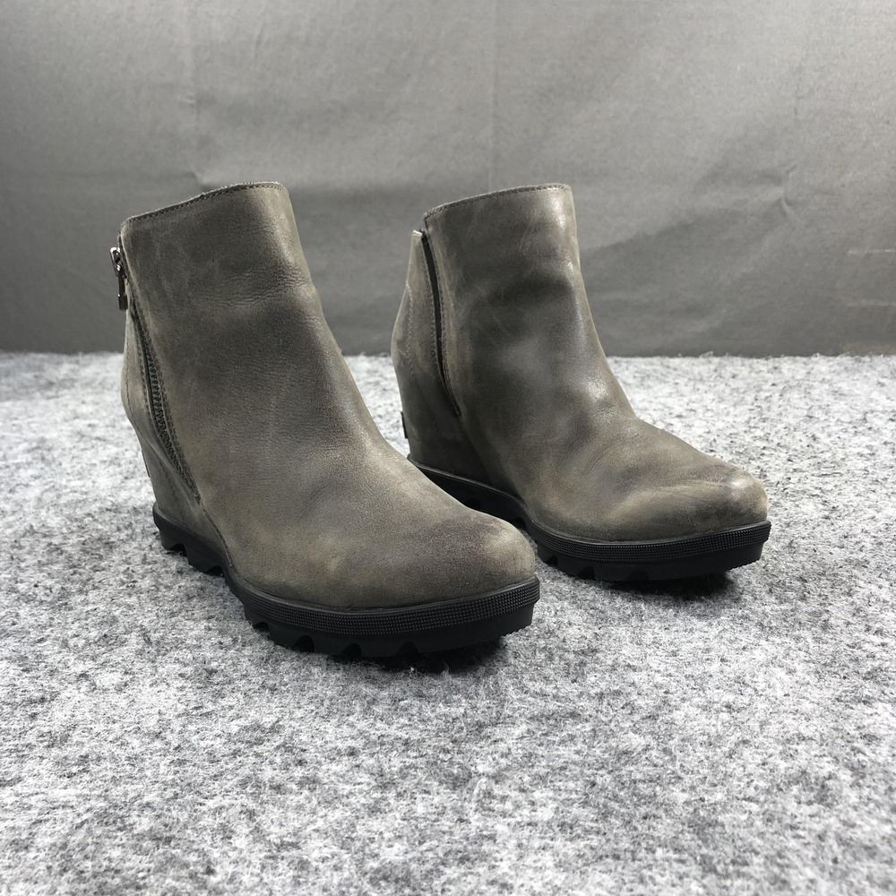 Sorel Wedge Ankle Boots Womens 8.5 Gray Nubuck Lug Sole Zip Booties NL3364-052